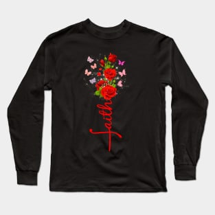 Vintage Faith Cross Red Roses Butterflies Flowers Christians Long Sleeve T-Shirt